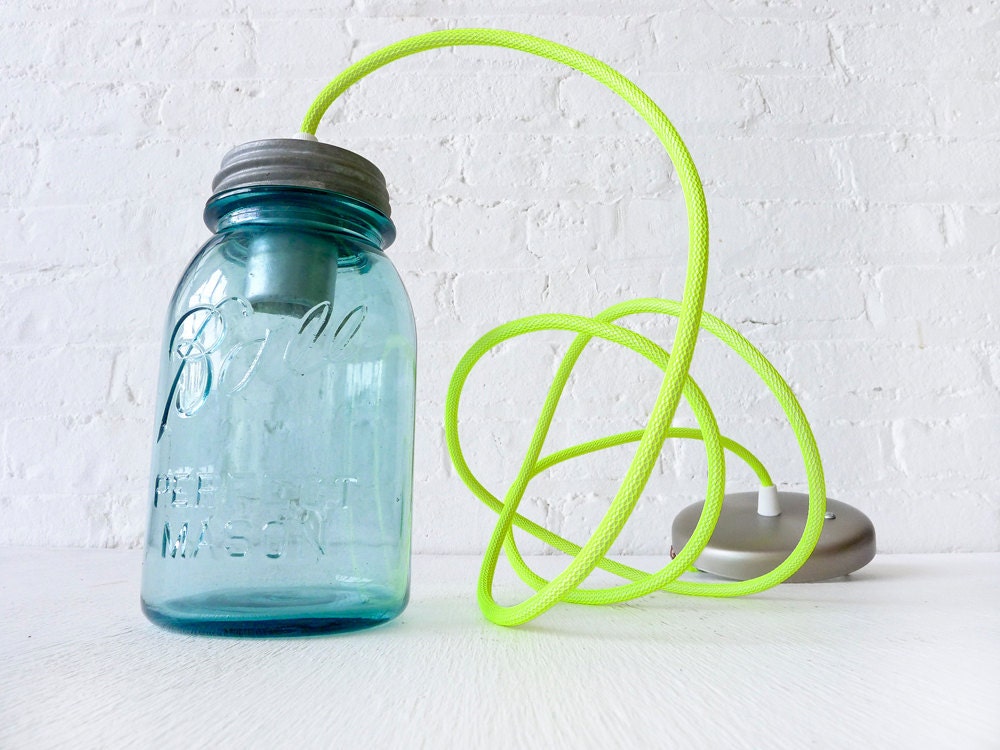 Vintage Mason Ball Jar Pendant w/ Neon Yellow Net Color Cord