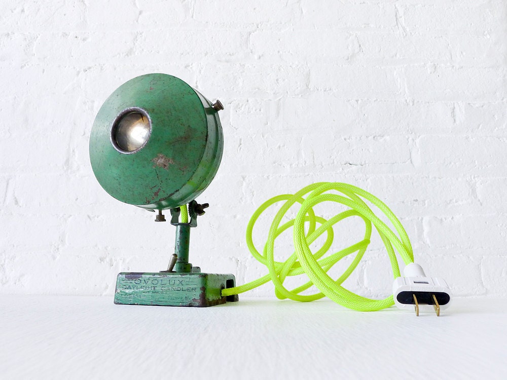 10% SALE - Antique Industrial Green Spotlight Lamp w/ Neon Yellow Net Color Cord
