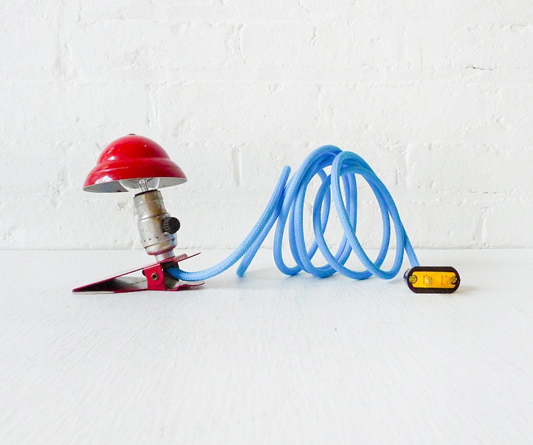 15% SALE - Industrial Night Light- Mini Red Vintage Machine Age Clip Night Lamp w Sky Blue Color Cord