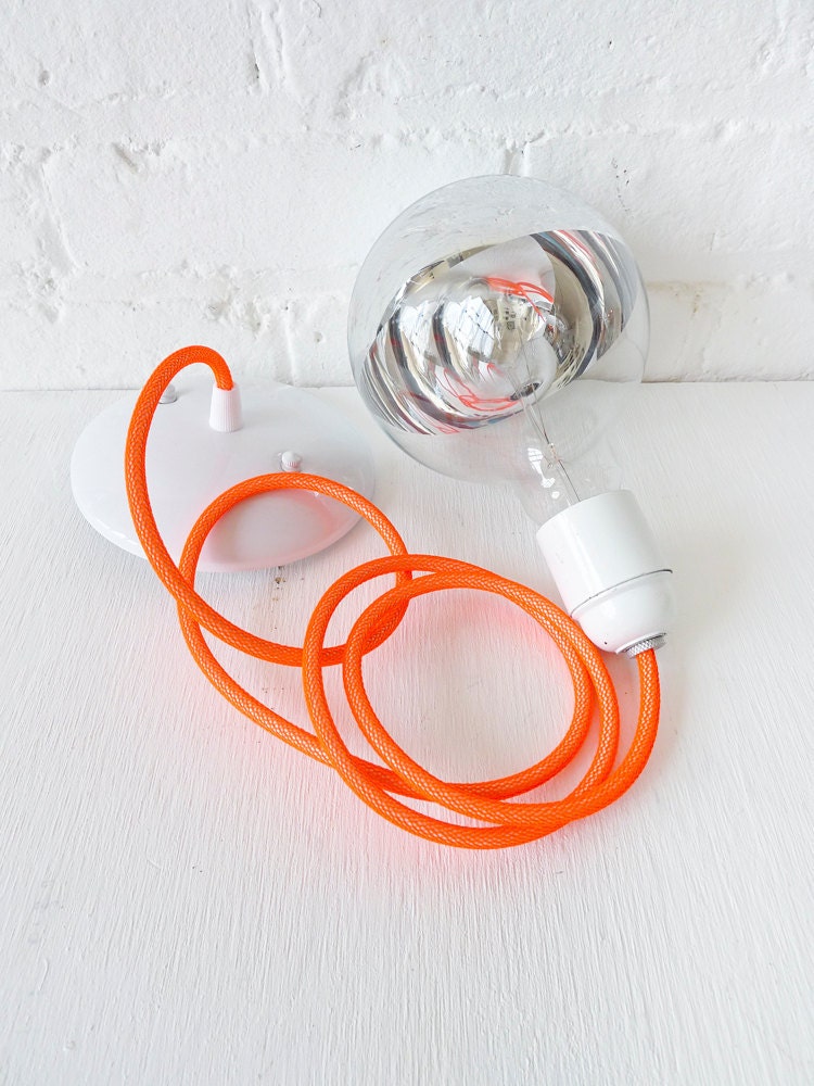 Neon Orange Net Color Cord Hanging Pendant Light w/ Giant Silver Bowl Bulb