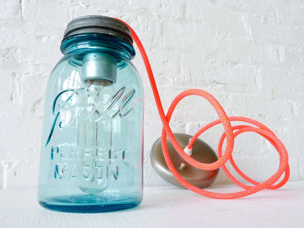 Industrial Lighting - Vintage Mason Ball Jar Pendant w/ Neon Orange Pink Color Cord