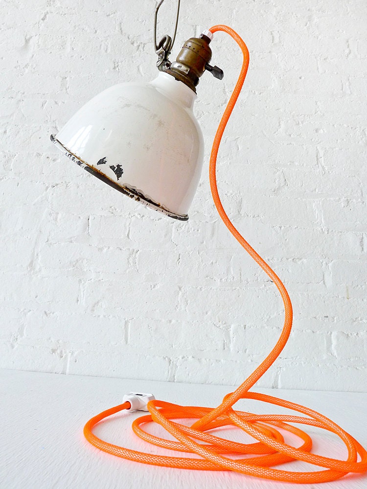 Antique Industrial Light- White Porcelian Clip Lamp w/ Neon Ornage Color Cord