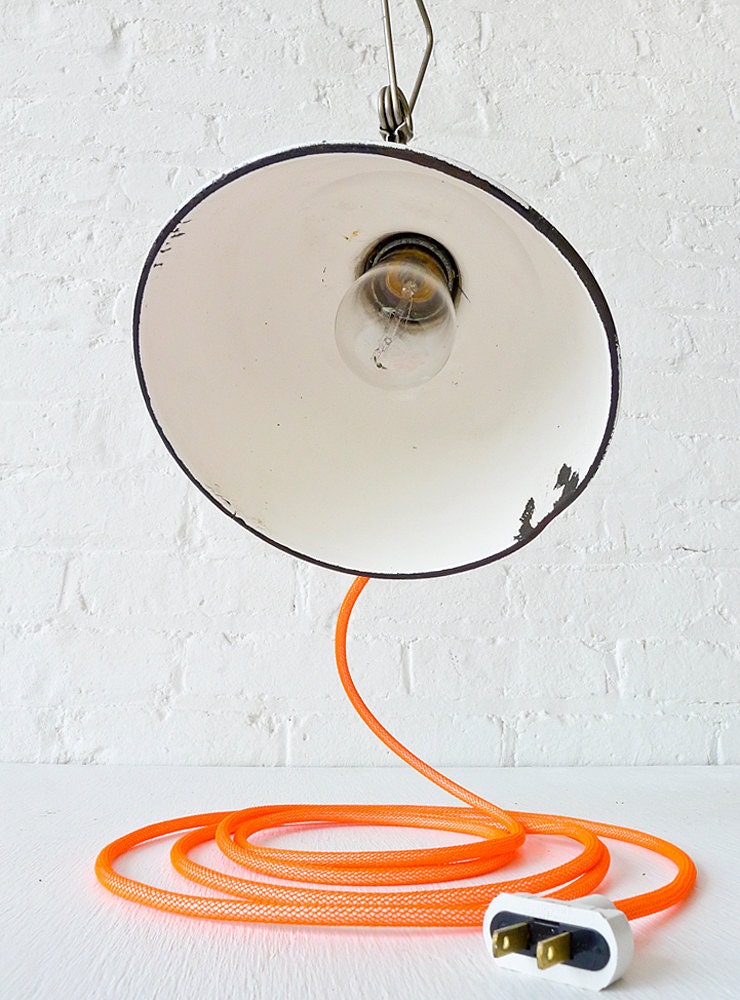 Antique Industrial Light- White Porcelian Clip Lamp w/ Neon Ornage Color Cord