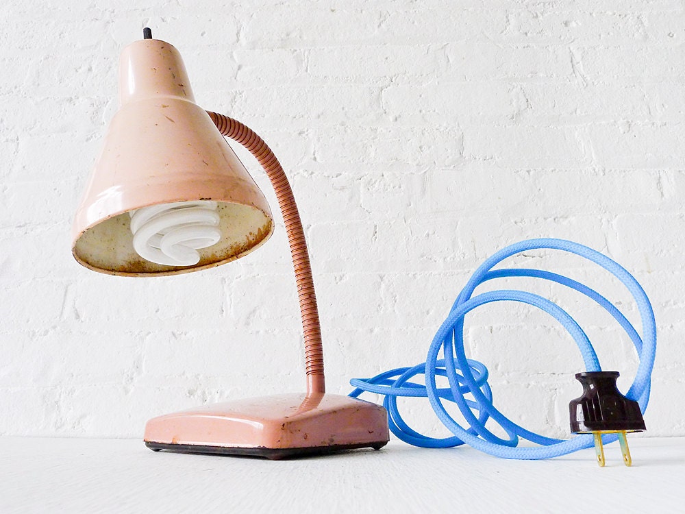 Vintage Industrial Desk Lamp- Pale Pink Retro Gooseneck with Baby Blue Cloth Cord