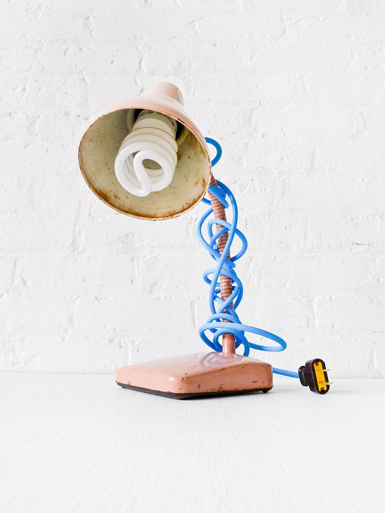 Vintage Industrial Desk Lamp- Pale Pink Retro Gooseneck with Baby Blue Cloth Cord
