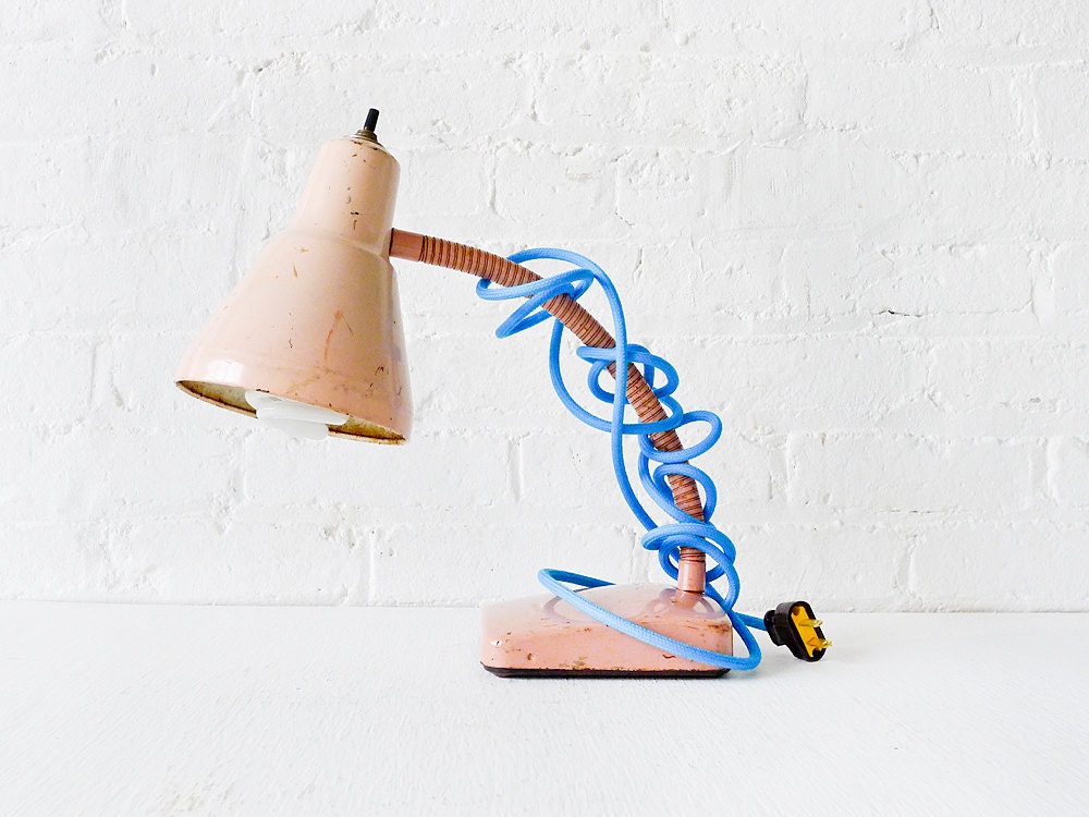 Vintage Industrial Desk Lamp- Pale Pink Retro Gooseneck with Baby Blue Cloth Cord