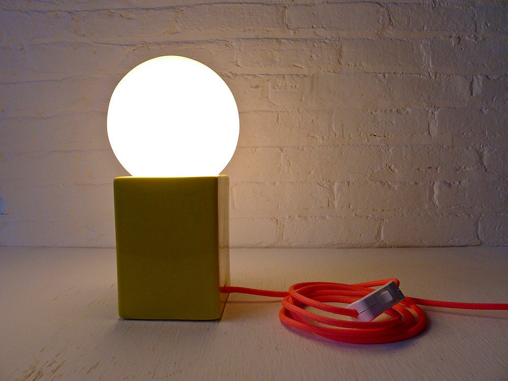 15% SALE - Vintage Yellow Cube Bowl Mod Lamp w/ Neon Pink Color Cord