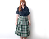 NOs Vintage Pleated green gray  plaid Skirt size M
