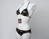 NOS Vintage bikini Size S black floral 70s