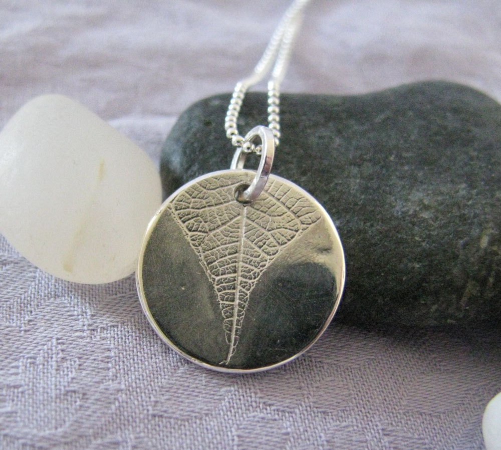 Silver Leaf Disc Pendant on Ball Chain