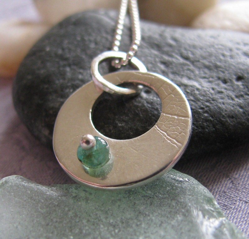 MAY Emerald Silver Leaf Disc Necklace on Ball Chain : May Birthstone
