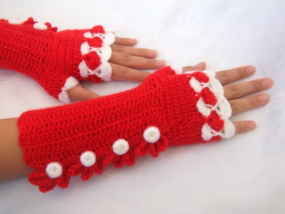 Red and White Color Crochet Fingerless Gloves