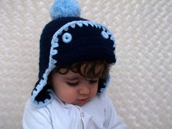 Crochet  Baby Hat in Blue  and dark blue-Photo Prop - for Baby or Toddler-aviator hat
