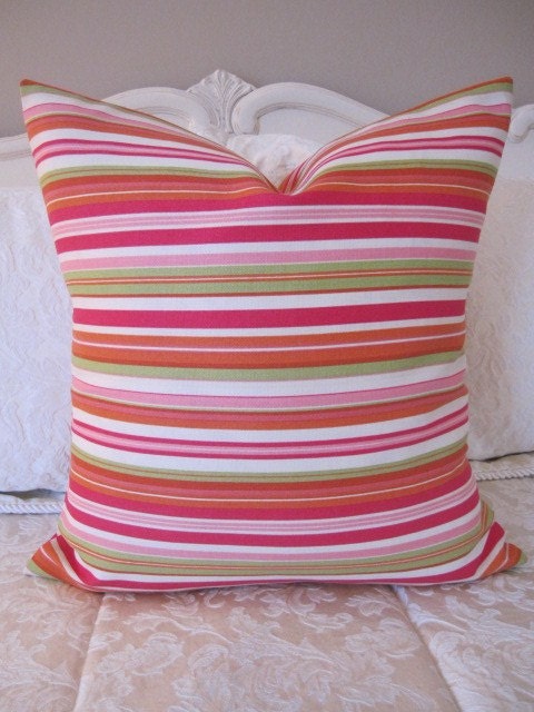 Pillow, Decorative Throw Pillow Cover, Designer Tangerine and Pink Multi Striped Indoor Outdoor Pillow Cover 20 x 20 last one...