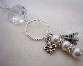 Vintage Crystal Eiffel Tower French Fleur Pearl Necklace