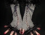 Fingerless Gloves Long  Corset Arm Warmers in Grey with Black Faux Fur Victorian Style