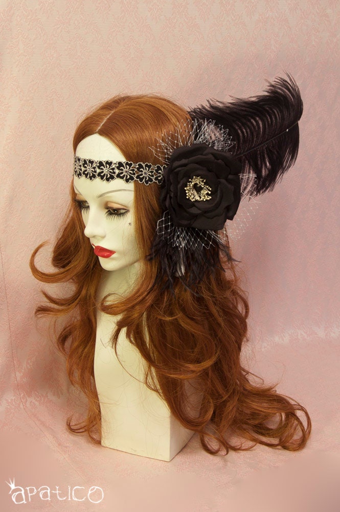 Art Nouveau Headband - Black and White Victorian Gothic Headdress with Rose and Veiling - Ready to Ship