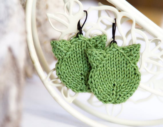 Green Knit Earrings. OOAK Leafy cat jewelry in light green. Handmade fashion jewelry.
