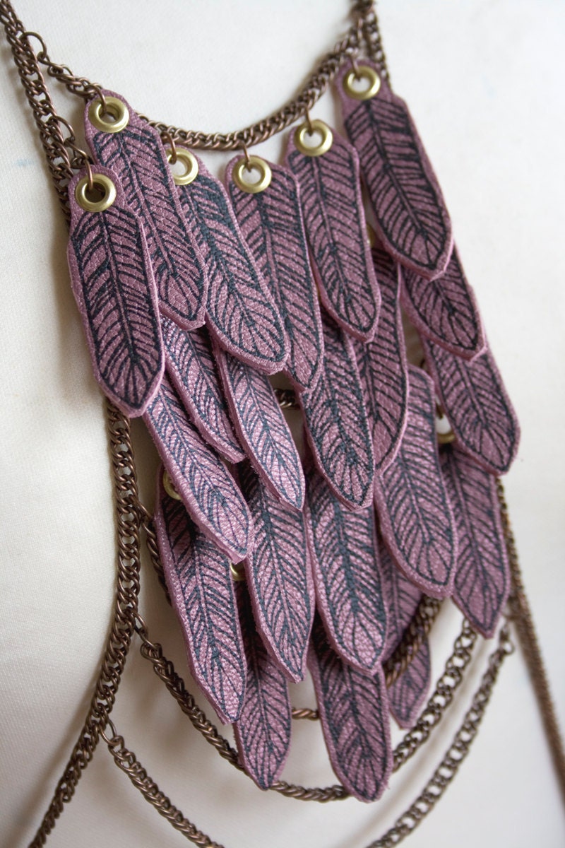 Screenprinted feathers on violet leather bodyjewellery chain harness