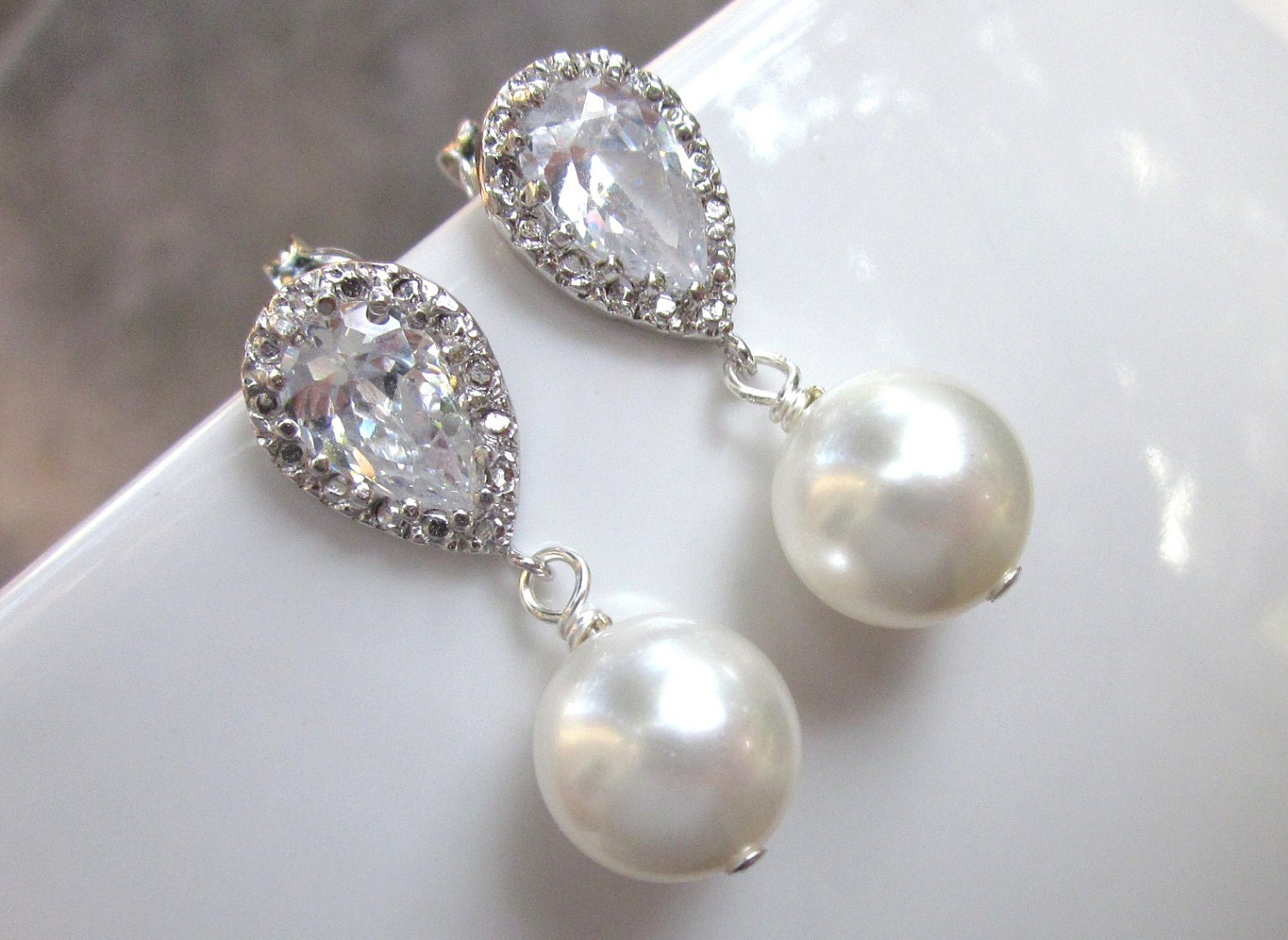 Rhinestone pearl earrings, wedding bridal jewelry, cubic zirconia crystal drops, matching bridesmaid jewelry - Persephone