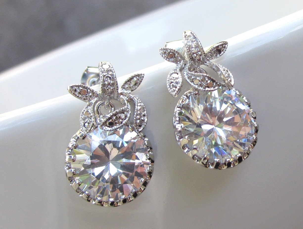 Small rhinestone bridal earrings, wedding jewelry, leaf design, round dangle drops, cubic zirconia - Promise