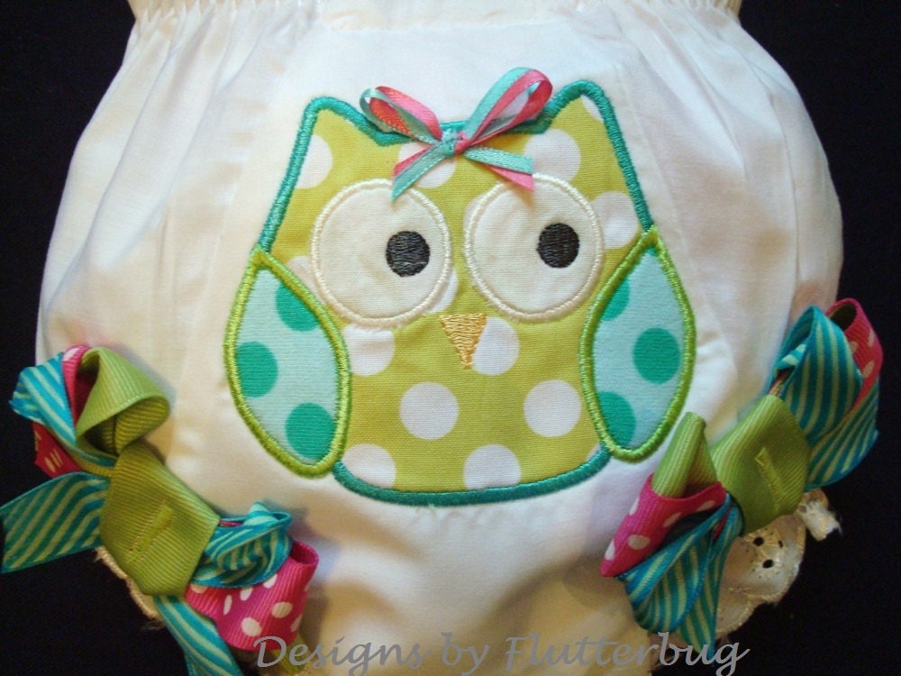 DIAPER COVER BLOOMERS -  Apple Green and Blue with Appliqued Owl