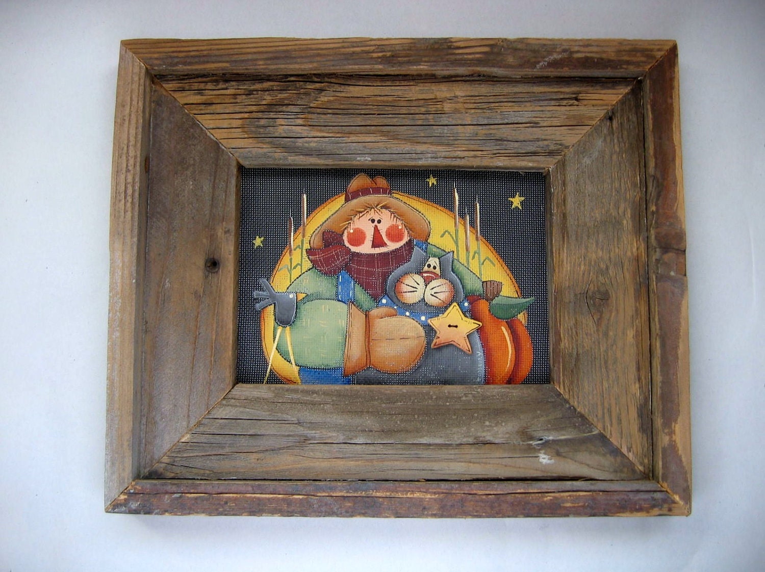 Autumn Scarecrow, Cat, and Moon, Primitive, Rustic, Barn Wood Framed, Tole Painted