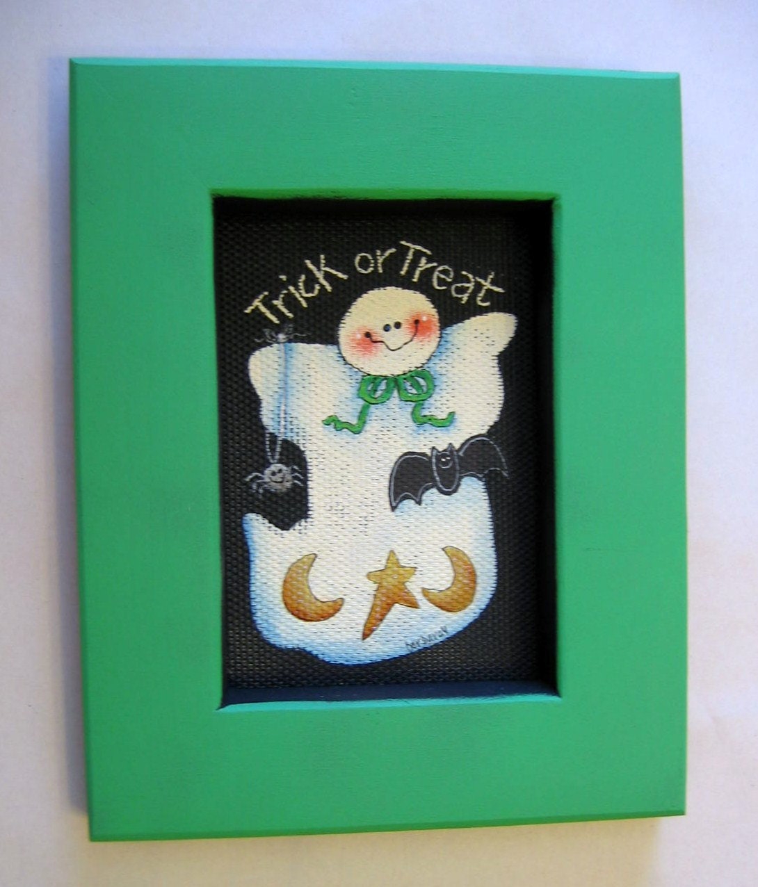 Halloween, Tole Painted, Ghost, Trick or Treat, Framed in Bright Green