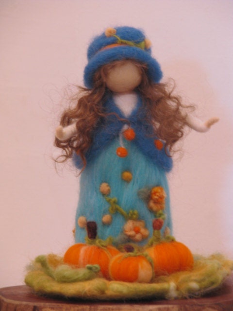 Needle felted girl with pumpkins
