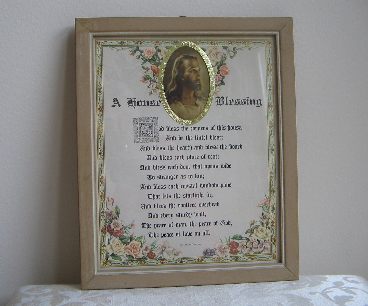 Vintage Motto Art Print  "A House Blessing"  Poem by Arthur Guiterman, Jesus Religious Icon