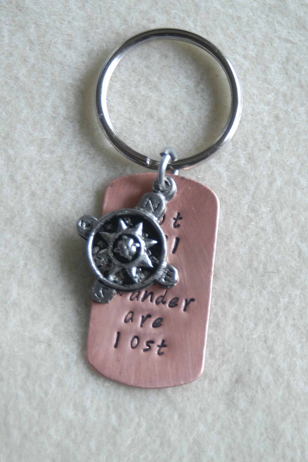 Hand Stamped Copper Dog Tag Key With Compass Charm- Not All Who Wander Are Lost By Inspired Jewelry Designs