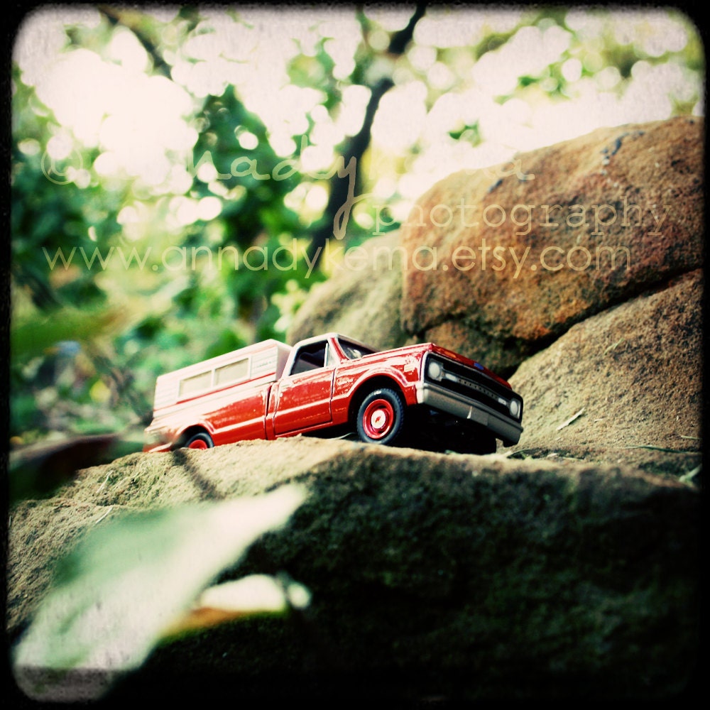 nursery kids decor toy cars colorful adventure vintage classic modern red russet green grey - Chevy Truck - 8x8 Fine Art Photography Print