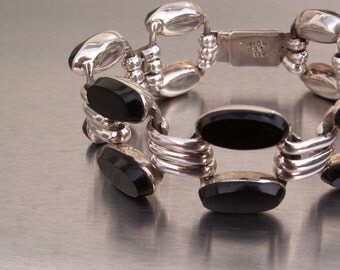 Vintage Mexican Silver Bracelet 950 Silver Taxco Mexico Onyx Black Links