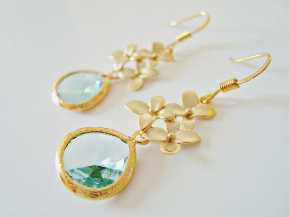 Gold Cherry Blossom and Gold Filled Erinite Dangle Earrings - Also Available in Silver, Aqua Earrings, Bridal Earrings, Bridesmaid Earrings