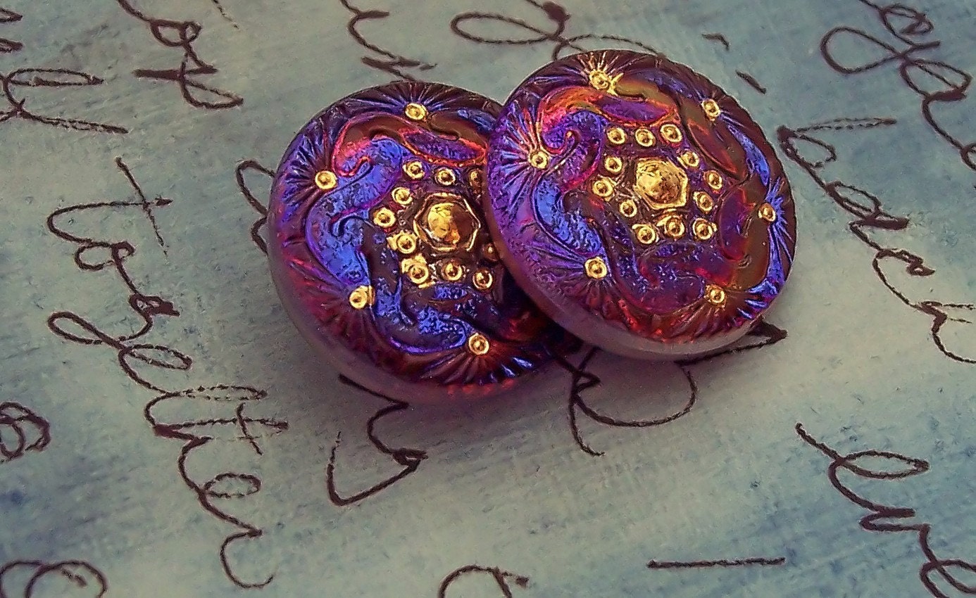 Czech Glass Button Blue Magenta Gold Art Deco Art Noveau Cobalt Glass Sewing Buttons