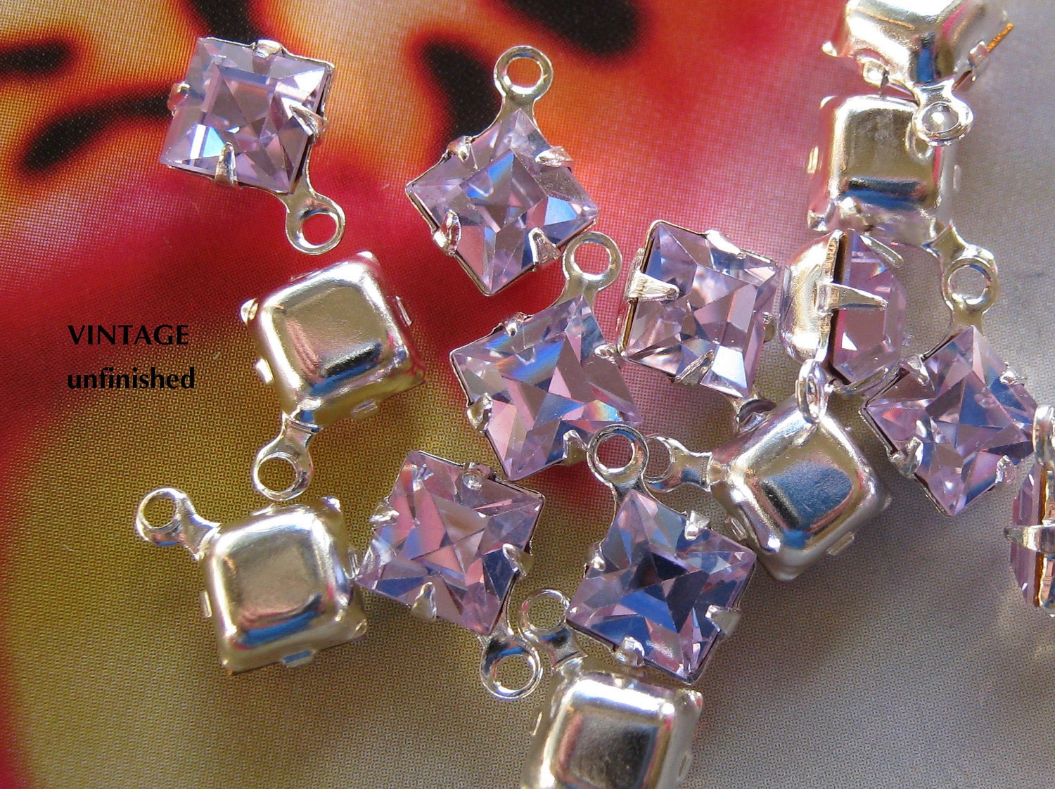 6 -  Vintage 7mm Swarovski Alexandrite  Purple Faceted Purple BlueSquare Drops - Silver Settings