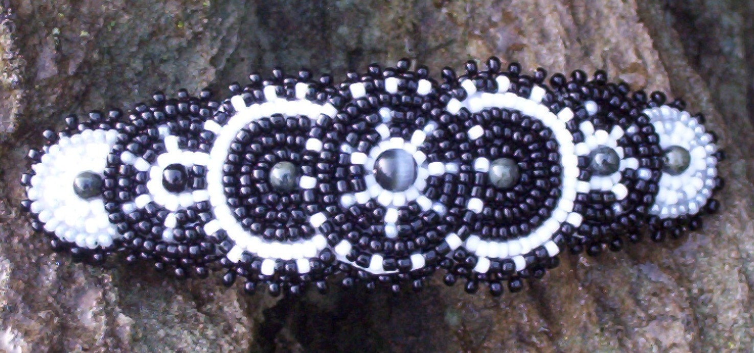 Black White Hair Barrette Tiger Eye Custom Handmade Native Beaded Formal New Gift