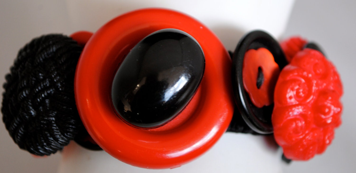 Red button bracelet black  OOAK women's gift statement jewelry expandable under 50 USD Valentine's Day