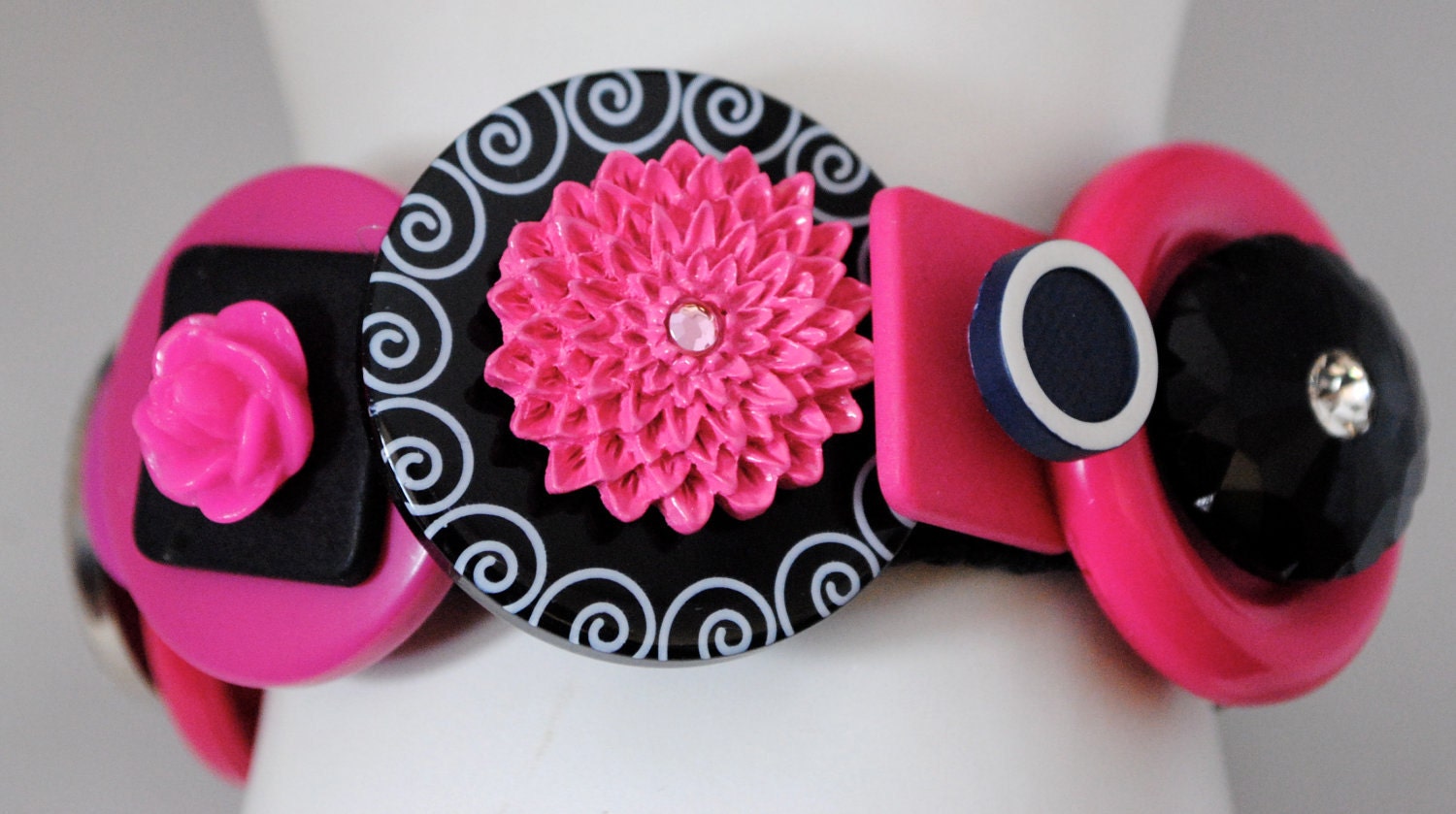 Fuchsia button bracelet black silver OOAK women's gift statement  jewelry expandable