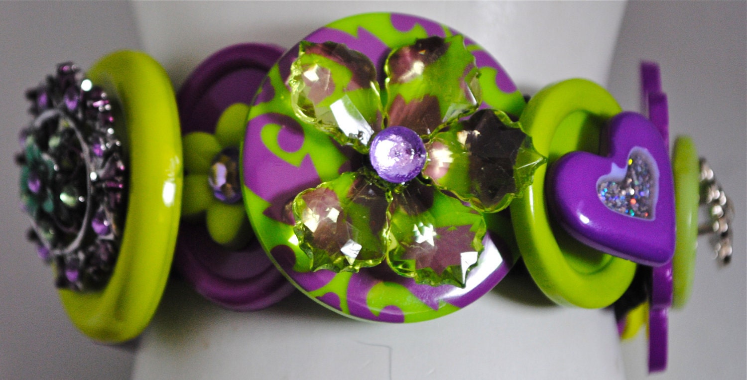 Purple button bracelet lime green statement jewelry OOAK expandable flowers gift for her spring contemporary