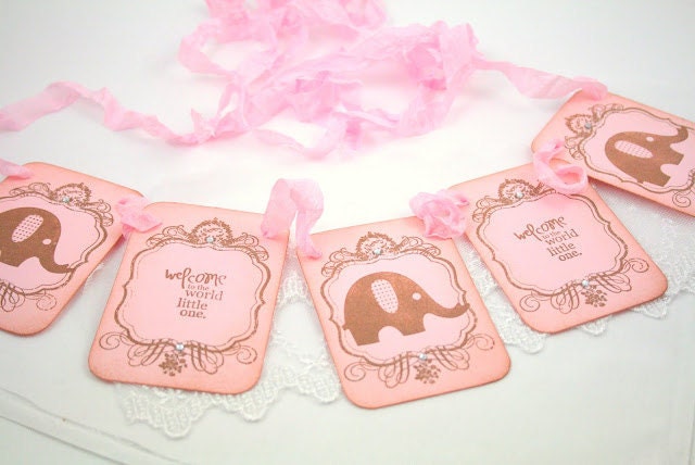 Pink Elephant Baby Shower Banner Garland Photo Prop Vintage Girl