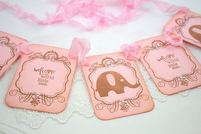 Pink Elephant Baby Shower Banner Garland Photo Prop Vintage Girl