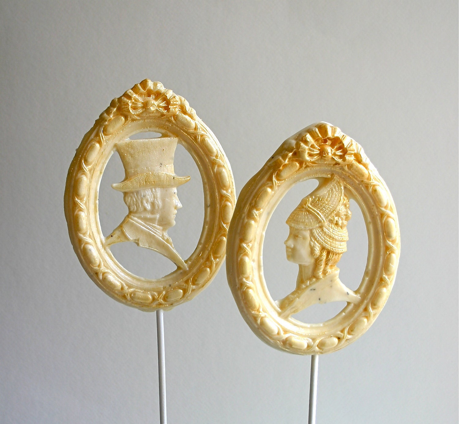 Hard Candy Lollipops "Mr. Darcy" and "Ms. Lizzy" Earl Grey Latte flavored -Wedding Cake Embellishment, Favor, Decoration