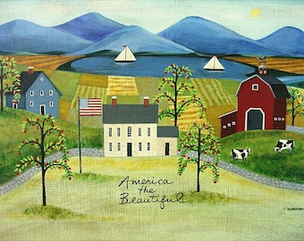Original Folk Art Painting Rural Landscape