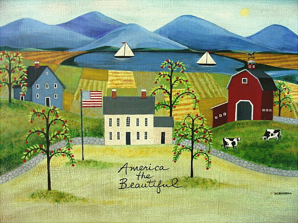 Original Folk Art Painting Rural Landscape