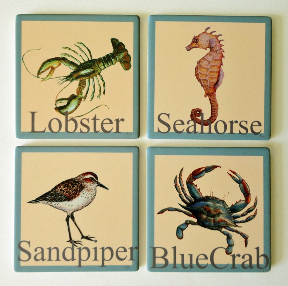 Coastal Critters Set of Four Coasters  on Ceramic