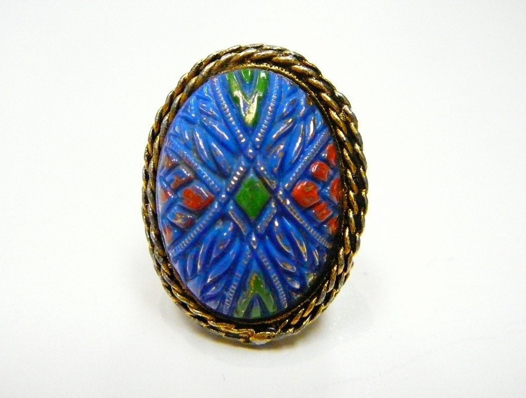 Large Vintage Blue Glass with Enamel Egg adjustable Ring