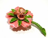 Vintage Metal Flower Brooch Pin Enamel Coral Peach Green