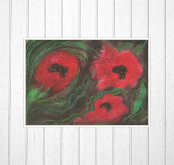 Art Print of Original Watercolor Painting. Poppy flowers. Israel art