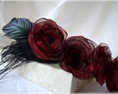 Wedding Headband-  Red/Black Organza Flowers, Bridal Accessories, Made To Order